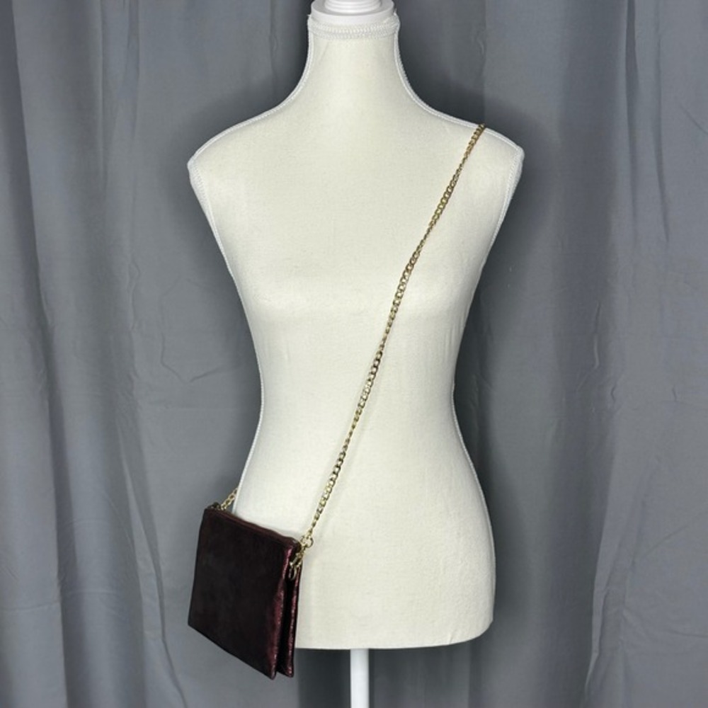 Anthropologie Metallic Burgundy Leather Crossbody Clutch Wristlet Bag Gold Chain